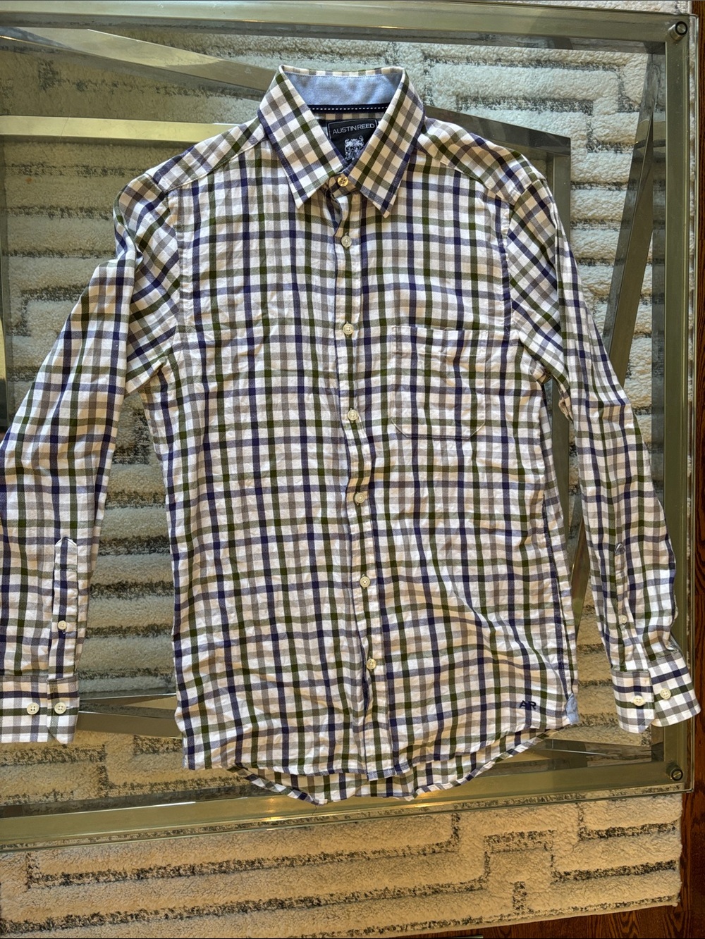 Austin Reed Green and Navy Plaid Button-Down Shirt
